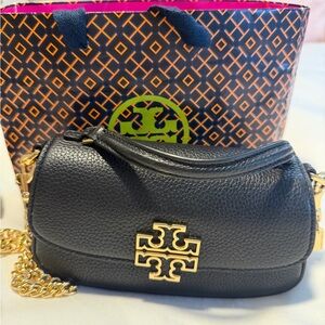 Tory Burch Black Pebbled Leather Crossbody with Gold Chain